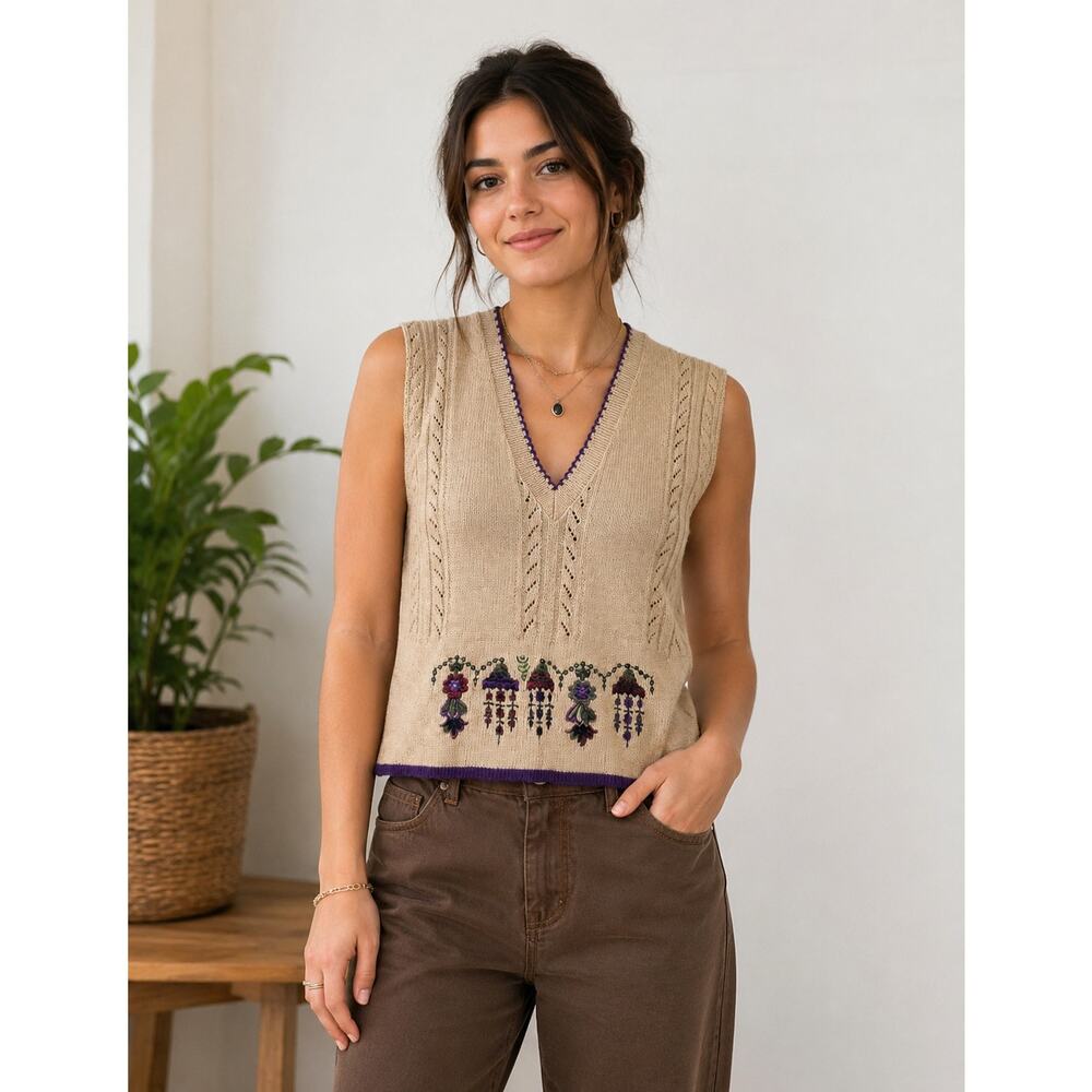 Leslie Fay Sweater Vest Women's Size 16 Vintage USA Embroidered Floral Tan Retro